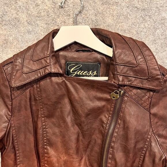 Guess Brown Moto Jacket Womens Medium Vintage Lined Zip Sleeves Pockets - Picture 2 of 15